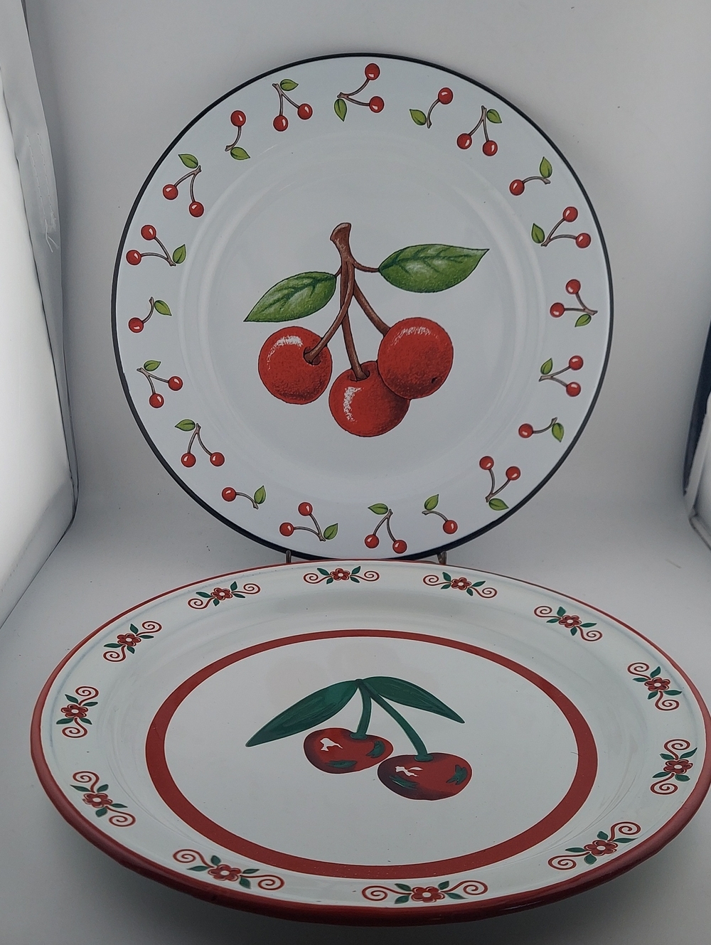 Cherry Pattern Enamelware  Dinner Plates - White and Red Set Of Two